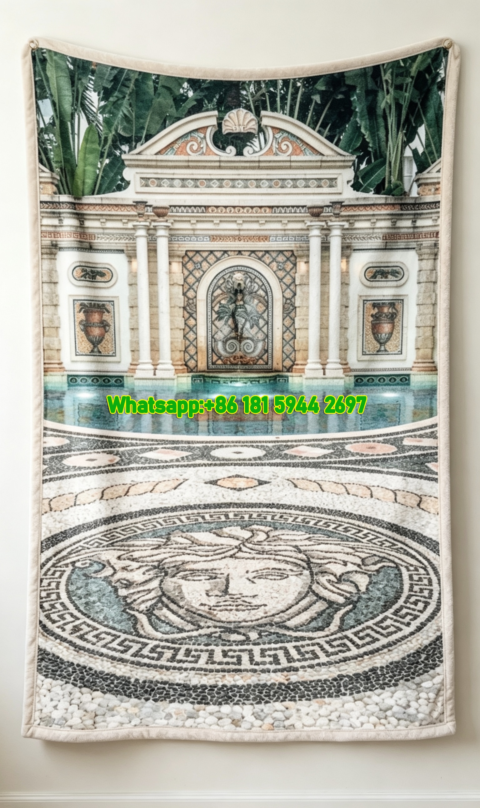 Light Beige Versace Medusa Mosaic Pool Printed Flannel Throw Blanket IMG_1395